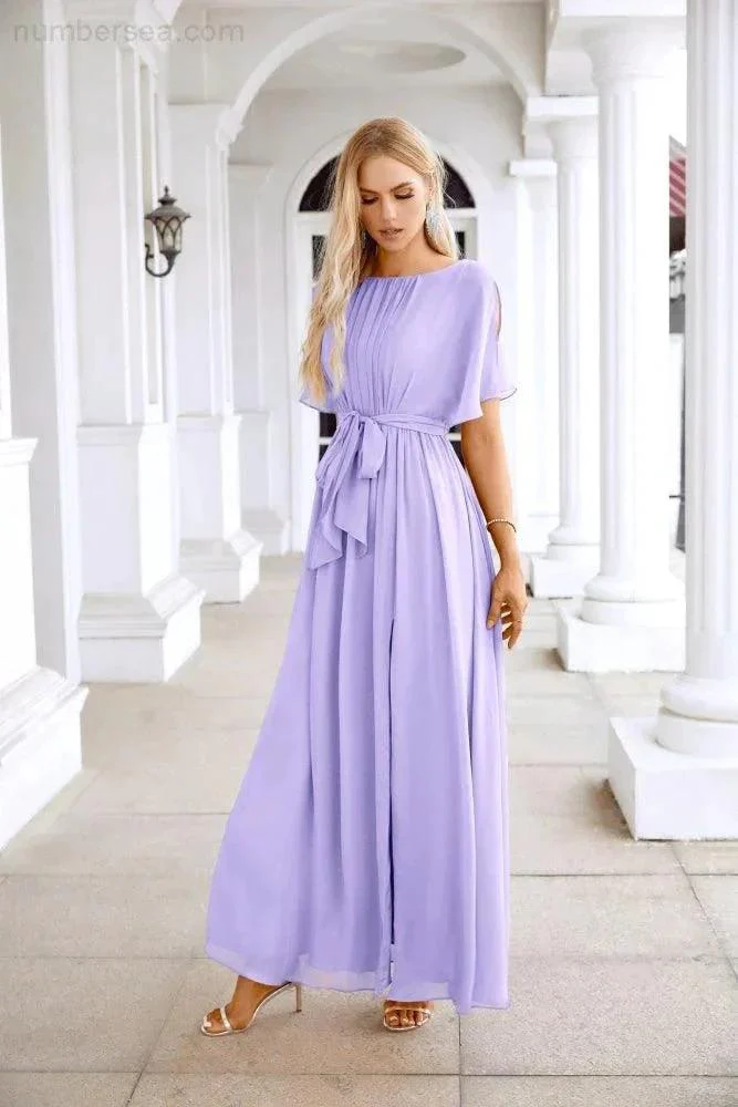 Ladies Chiffon Sleeve Crew Neck Front Slit Floor Length Bridesmaid Evening Dress Wedding Party Evening Dress 28124 - Image 27