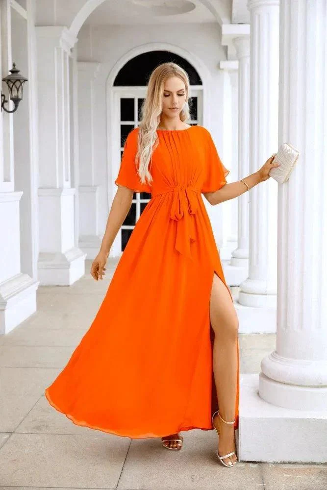 Ladies Chiffon Sleeve Crew Neck Front Slit Floor Length Bridesmaid Evening Dress Wedding Party Evening Dress 28124 - Image 29