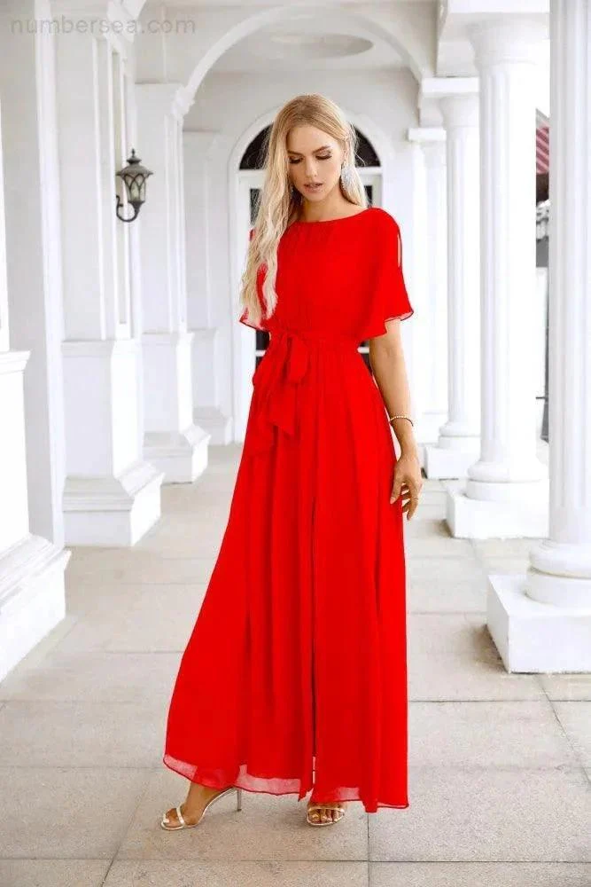 Ladies Chiffon Sleeve Crew Neck Front Slit Floor Length Bridesmaid Evening Dress Wedding Party Evening Dress 28124 - Image 3