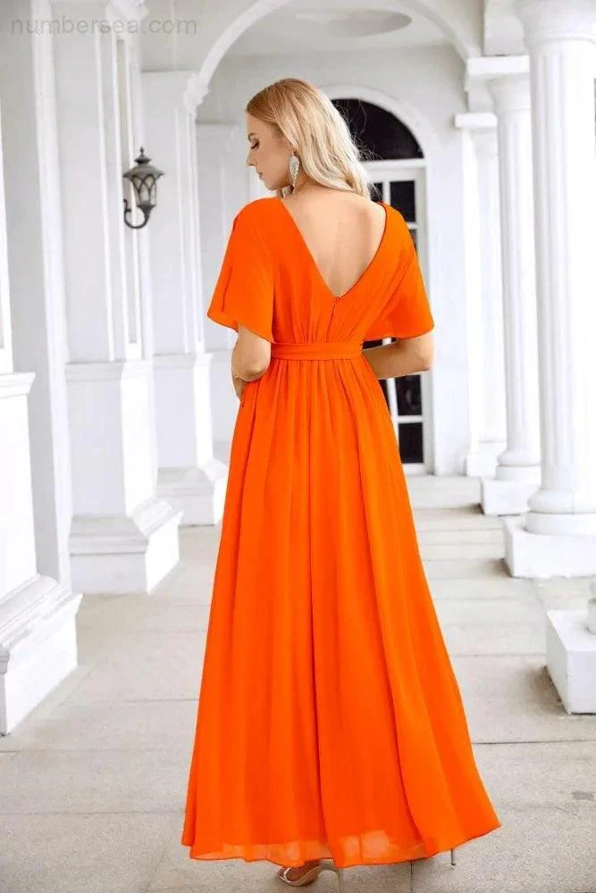 Ladies Chiffon Sleeve Crew Neck Front Slit Floor Length Bridesmaid Evening Dress Wedding Party Evening Dress 28124 - Image 30