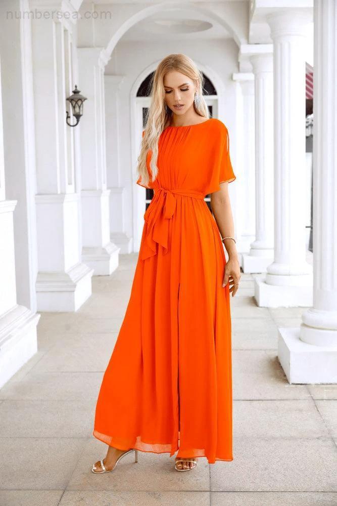 Ladies Chiffon Sleeve Crew Neck Front Slit Floor Length Bridesmaid Evening Dress Wedding Party Evening Dress 28124 - Image 31
