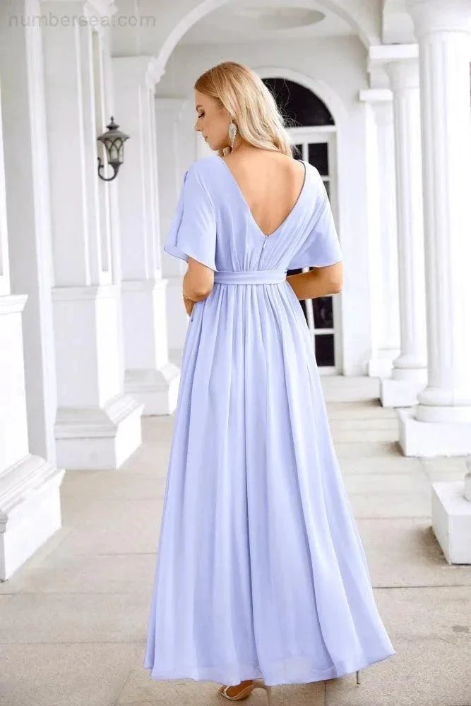 Ladies Chiffon Sleeve Crew Neck Front Slit Floor Length Bridesmaid Evening Dress Wedding Party Evening Dress 28124 - Image 34