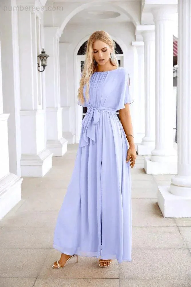 Ladies Chiffon Sleeve Crew Neck Front Slit Floor Length Bridesmaid Evening Dress Wedding Party Evening Dress 28124 - Image 35