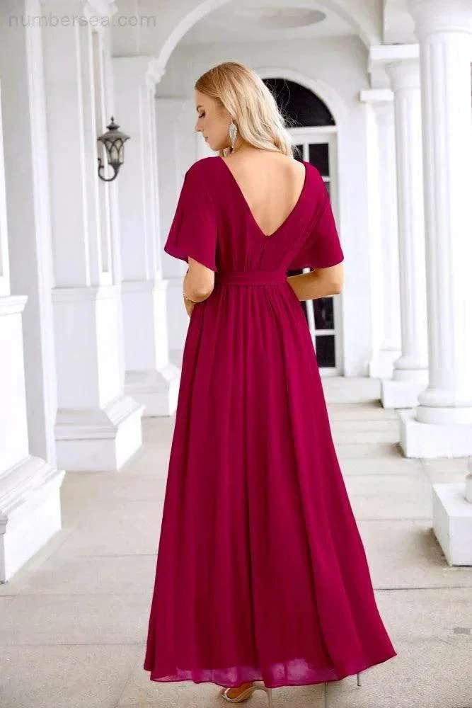 Ladies Chiffon Sleeve Crew Neck Front Slit Floor Length Bridesmaid Evening Dress Wedding Party Evening Dress 28124 - Image 38