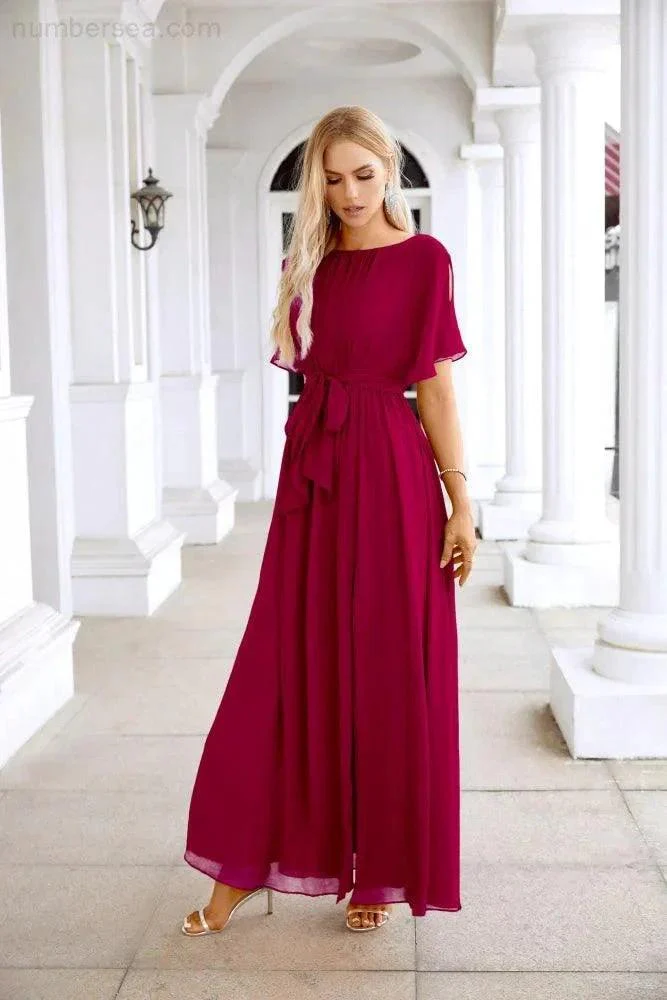 Ladies Chiffon Sleeve Crew Neck Front Slit Floor Length Bridesmaid Evening Dress Wedding Party Evening Dress 28124 - Image 39
