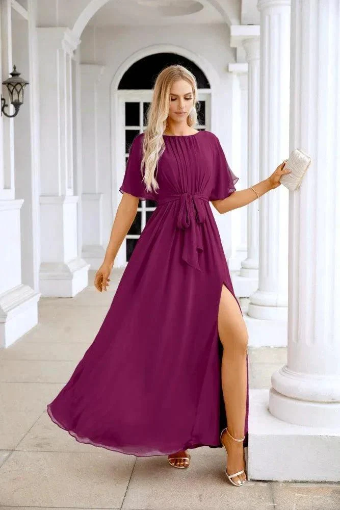 Ladies Chiffon Sleeve Crew Neck Front Slit Floor Length Bridesmaid Evening Dress Wedding Party Evening Dress 28124 - Image 41