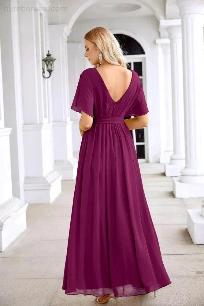 Ladies Chiffon Sleeve Crew Neck Front Slit Floor Length Bridesmaid Evening Dress Wedding Party Evening Dress 28124 - Image 42
