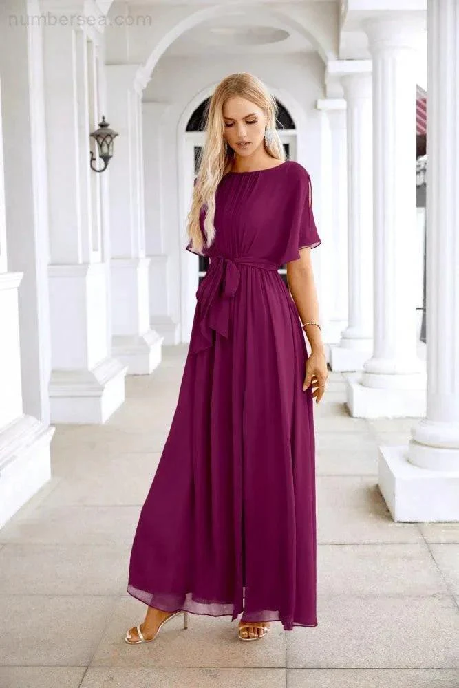 Ladies Chiffon Sleeve Crew Neck Front Slit Floor Length Bridesmaid Evening Dress Wedding Party Evening Dress 28124 - Image 43