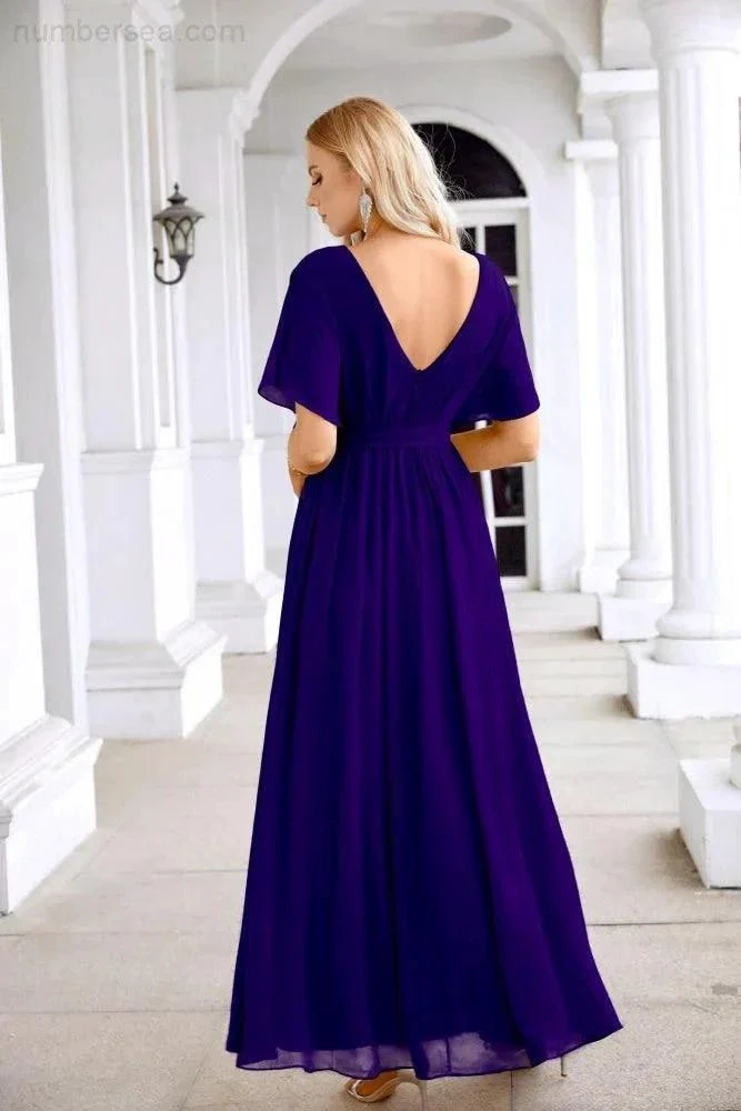 Ladies Chiffon Sleeve Crew Neck Front Slit Floor Length Bridesmaid Evening Dress Wedding Party Evening Dress 28124 - Image 46