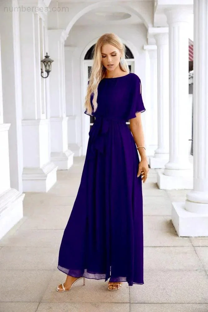 Ladies Chiffon Sleeve Crew Neck Front Slit Floor Length Bridesmaid Evening Dress Wedding Party Evening Dress 28124 - Image 47