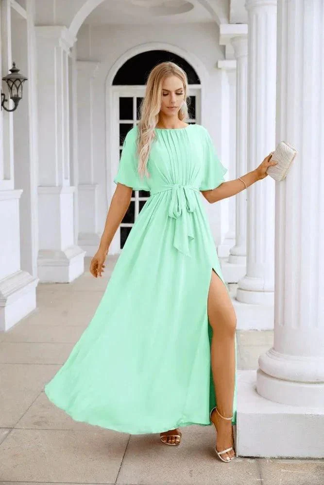 Ladies Chiffon Sleeve Crew Neck Front Slit Floor Length Bridesmaid Evening Dress Wedding Party Evening Dress 28124 - Image 49