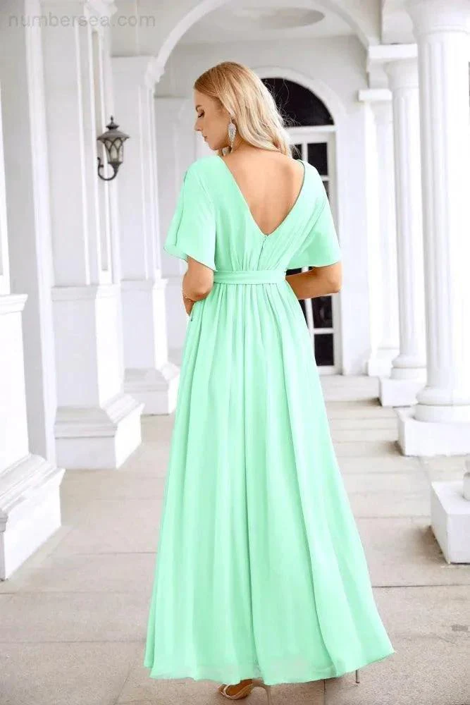 Ladies Chiffon Sleeve Crew Neck Front Slit Floor Length Bridesmaid Evening Dress Wedding Party Evening Dress 28124 - Image 50