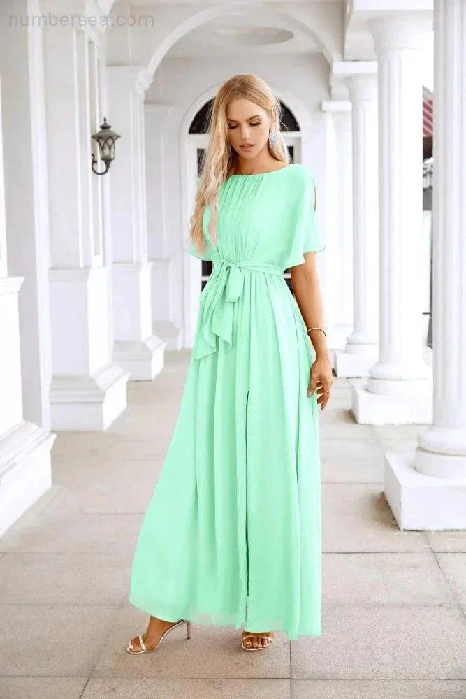 Ladies Chiffon Sleeve Crew Neck Front Slit Floor Length Bridesmaid Evening Dress Wedding Party Evening Dress 28124 - Image 51
