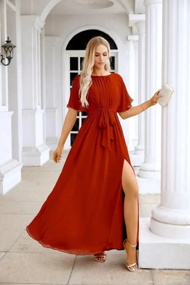 Ladies Chiffon Sleeve Crew Neck Front Slit Floor Length Bridesmaid Evening Dress Wedding Party Evening Dress 28124 - Image 53