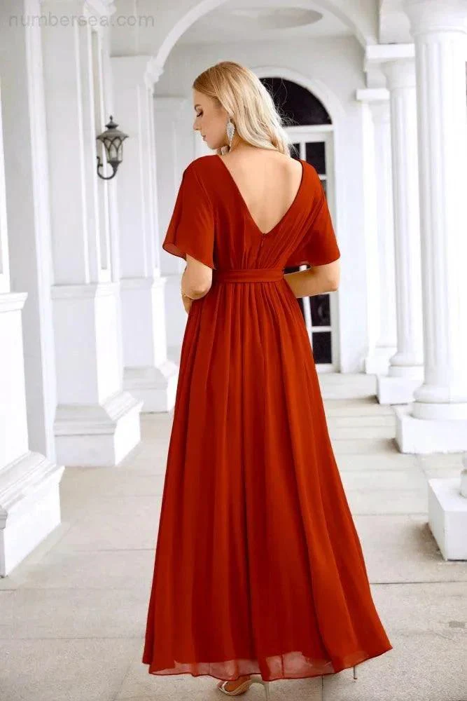 Ladies Chiffon Sleeve Crew Neck Front Slit Floor Length Bridesmaid Evening Dress Wedding Party Evening Dress 28124 - Image 54