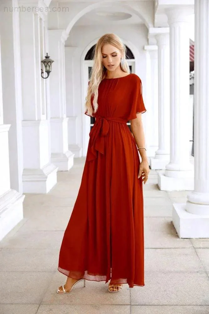Ladies Chiffon Sleeve Crew Neck Front Slit Floor Length Bridesmaid Evening Dress Wedding Party Evening Dress 28124 - Image 55