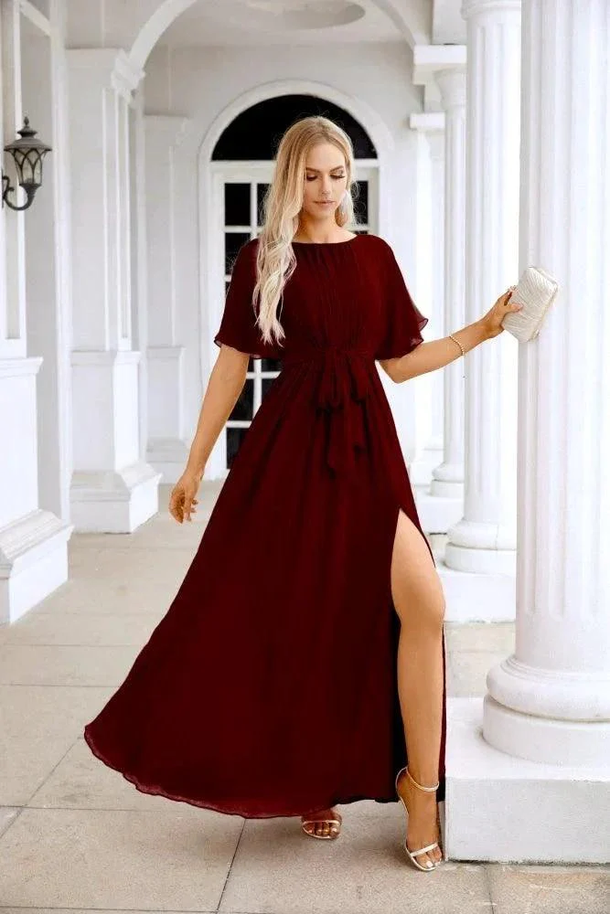Ladies Chiffon Sleeve Crew Neck Front Slit Floor Length Bridesmaid Evening Dress Wedding Party Evening Dress 28124 - Image 57