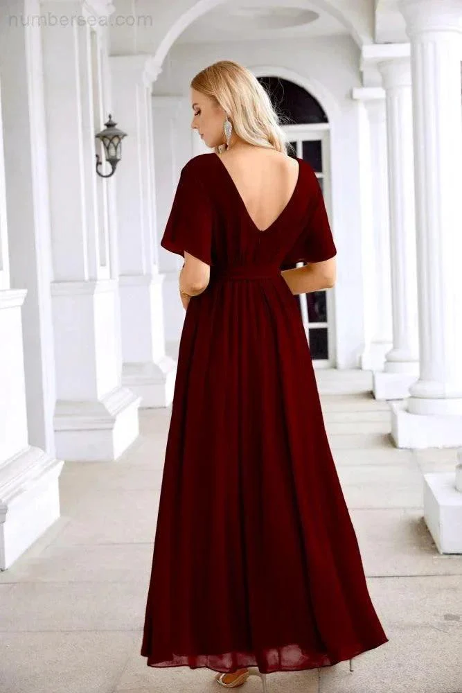 Ladies Chiffon Sleeve Crew Neck Front Slit Floor Length Bridesmaid Evening Dress Wedding Party Evening Dress 28124 - Image 58