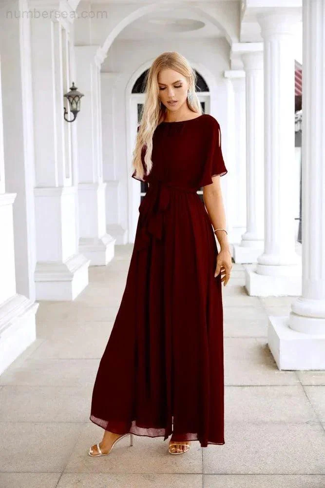 Ladies Chiffon Sleeve Crew Neck Front Slit Floor Length Bridesmaid Evening Dress Wedding Party Evening Dress 28124 - Image 59
