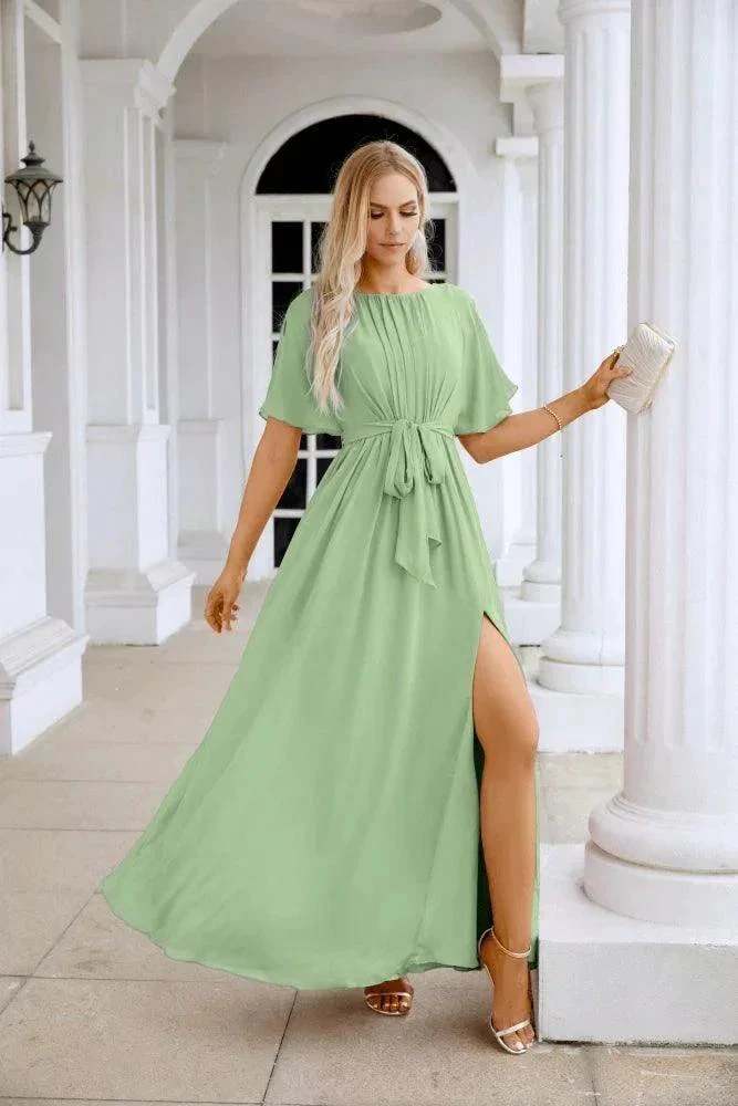 Ladies Chiffon Sleeve Crew Neck Front Slit Floor Length Bridesmaid Evening Dress Wedding Party Evening Dress 28124 - Image 61