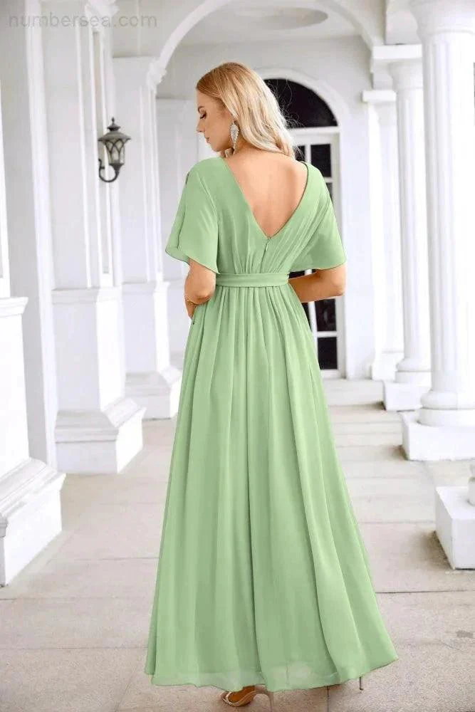 Ladies Chiffon Sleeve Crew Neck Front Slit Floor Length Bridesmaid Evening Dress Wedding Party Evening Dress 28124 - Image 62