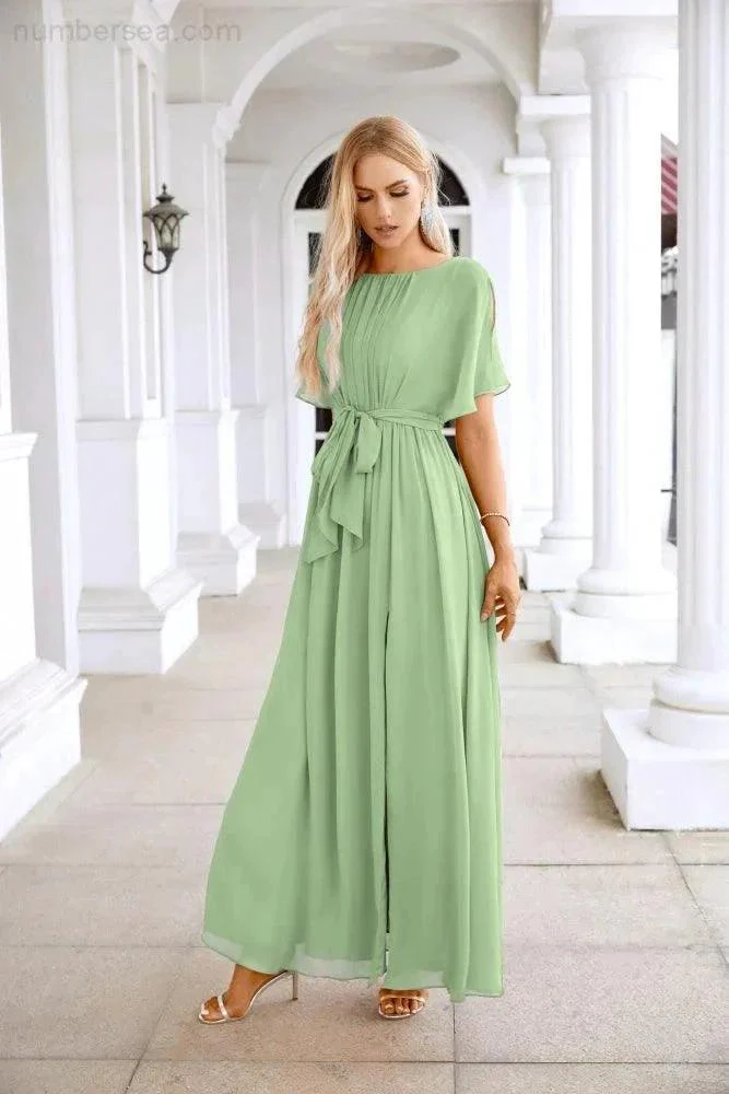 Ladies Chiffon Sleeve Crew Neck Front Slit Floor Length Bridesmaid Evening Dress Wedding Party Evening Dress 28124 - Image 63