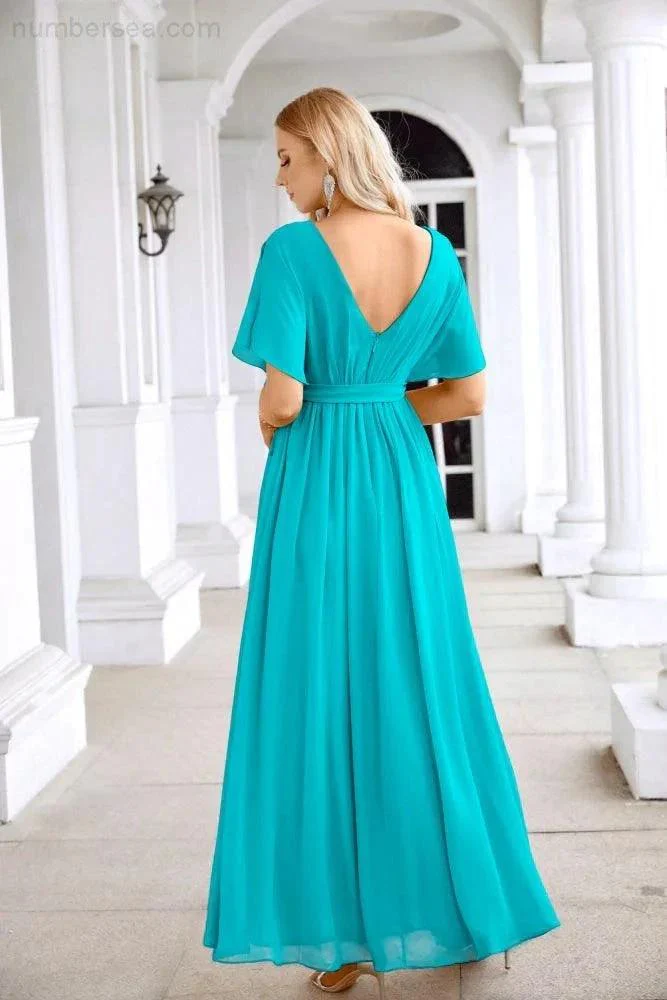 Ladies Chiffon Sleeve Crew Neck Front Slit Floor Length Bridesmaid Evening Dress Wedding Party Evening Dress 28124 - Image 66