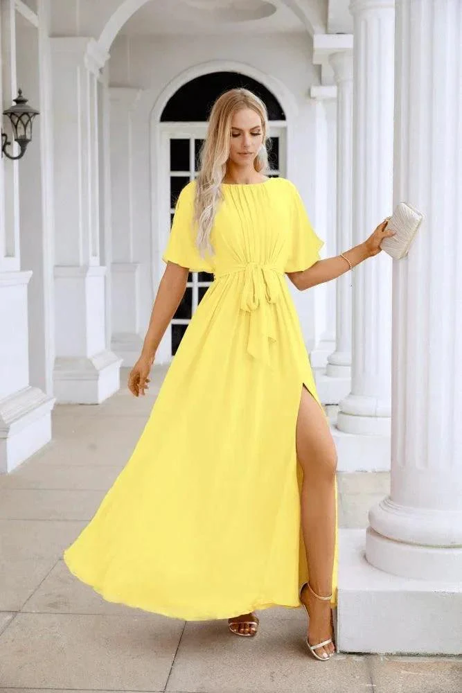 Ladies Chiffon Sleeve Crew Neck Front Slit Floor Length Bridesmaid Evening Dress Wedding Party Evening Dress 28124 - Image 69