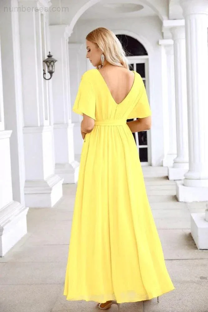 Ladies Chiffon Sleeve Crew Neck Front Slit Floor Length Bridesmaid Evening Dress Wedding Party Evening Dress 28124 - Image 70