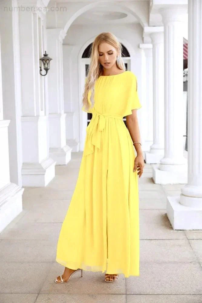 Ladies Chiffon Sleeve Crew Neck Front Slit Floor Length Bridesmaid Evening Dress Wedding Party Evening Dress 28124 - Image 71