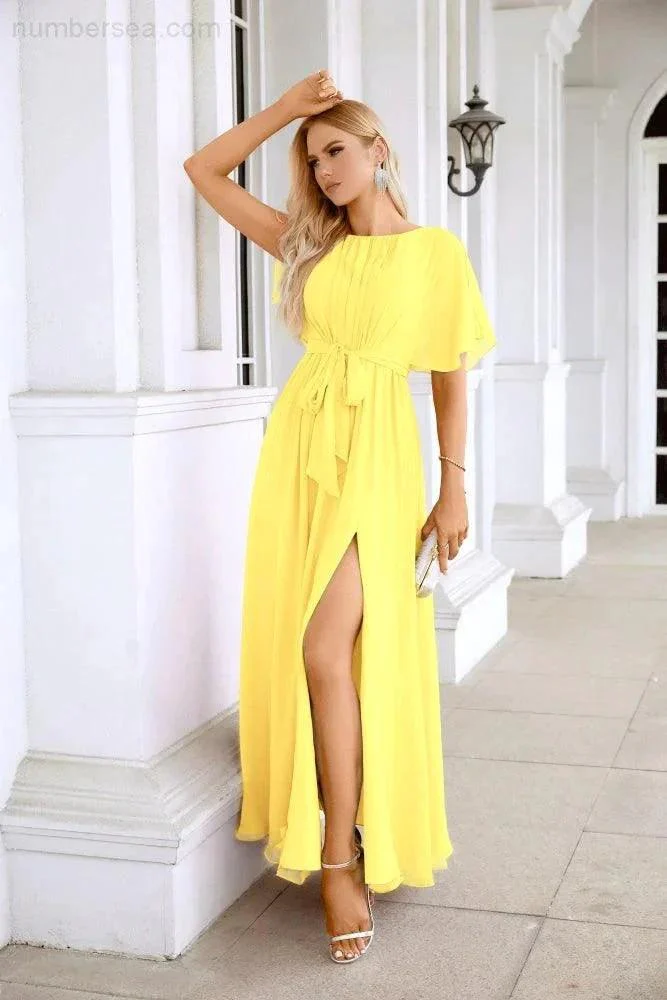 Ladies Chiffon Sleeve Crew Neck Front Slit Floor Length Bridesmaid Evening Dress Wedding Party Evening Dress 28124 - Image 72
