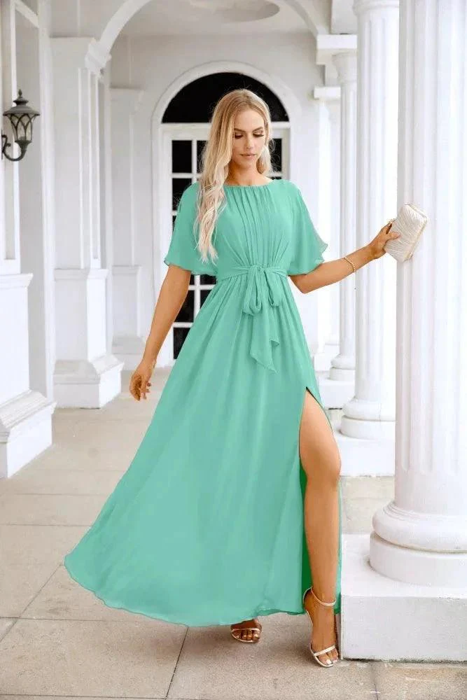 Ladies Chiffon Sleeve Crew Neck Front Slit Floor Length Bridesmaid Evening Dress Wedding Party Evening Dress 28124 - Image 73