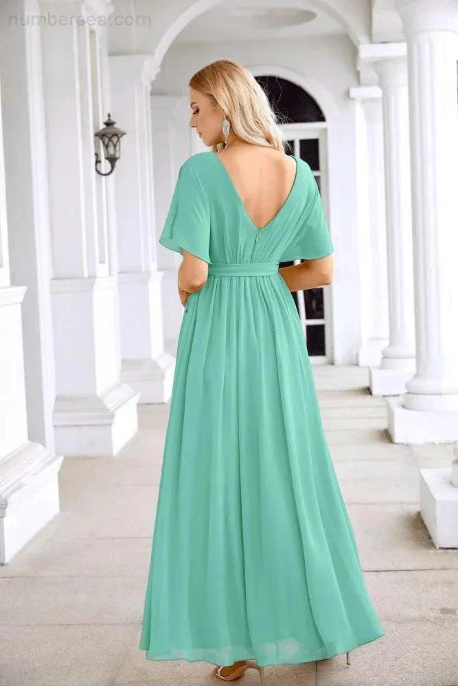 Ladies Chiffon Sleeve Crew Neck Front Slit Floor Length Bridesmaid Evening Dress Wedding Party Evening Dress 28124 - Image 74