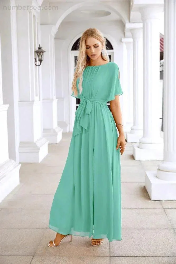 Ladies Chiffon Sleeve Crew Neck Front Slit Floor Length Bridesmaid Evening Dress Wedding Party Evening Dress 28124 - Image 75