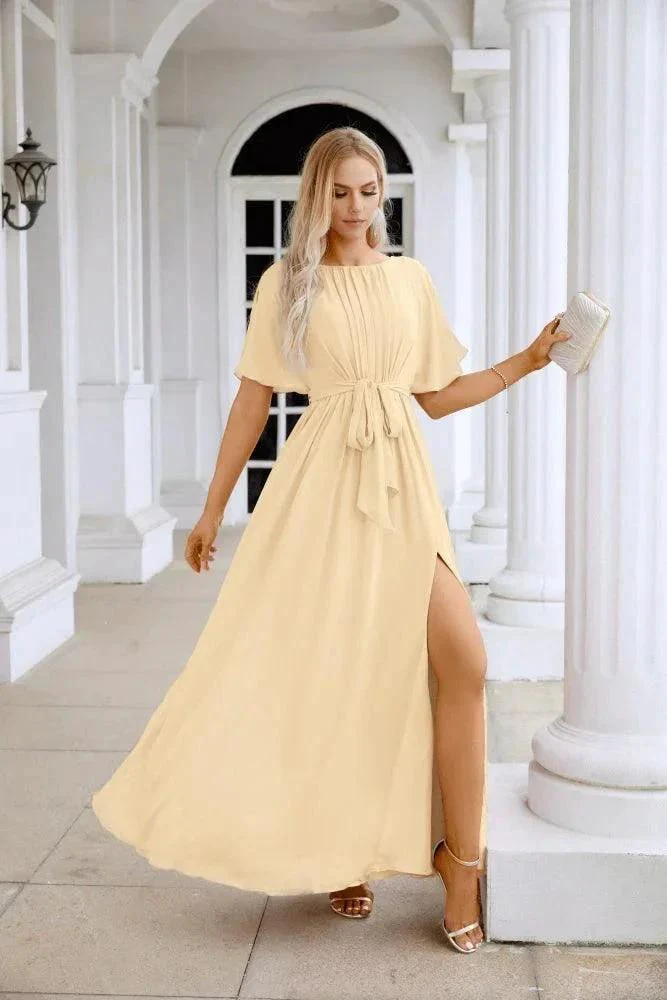 Ladies Chiffon Sleeve Crew Neck Front Slit Floor Length Bridesmaid Evening Dress Wedding Party Evening Dress 28124 - Image 77