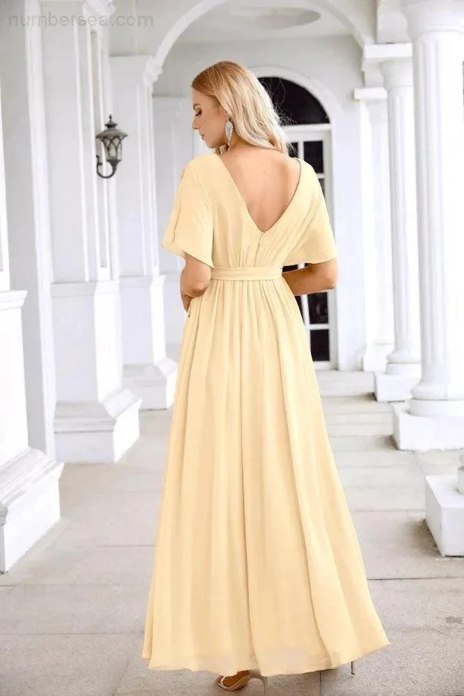 Ladies Chiffon Sleeve Crew Neck Front Slit Floor Length Bridesmaid Evening Dress Wedding Party Evening Dress 28124 - Image 78