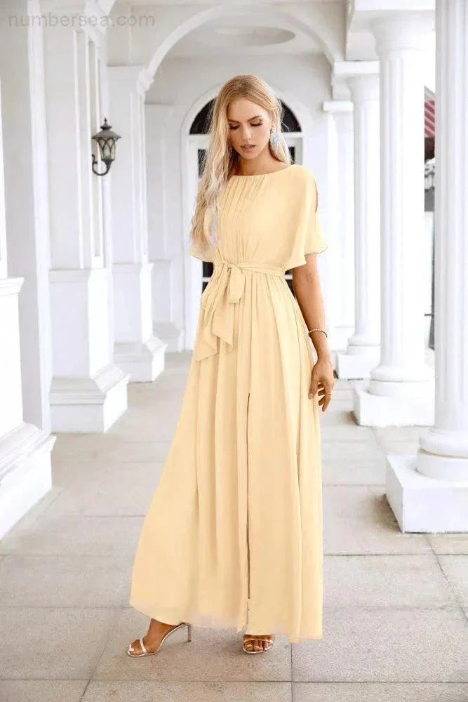 Ladies Chiffon Sleeve Crew Neck Front Slit Floor Length Bridesmaid Evening Dress Wedding Party Evening Dress 28124 - Image 79