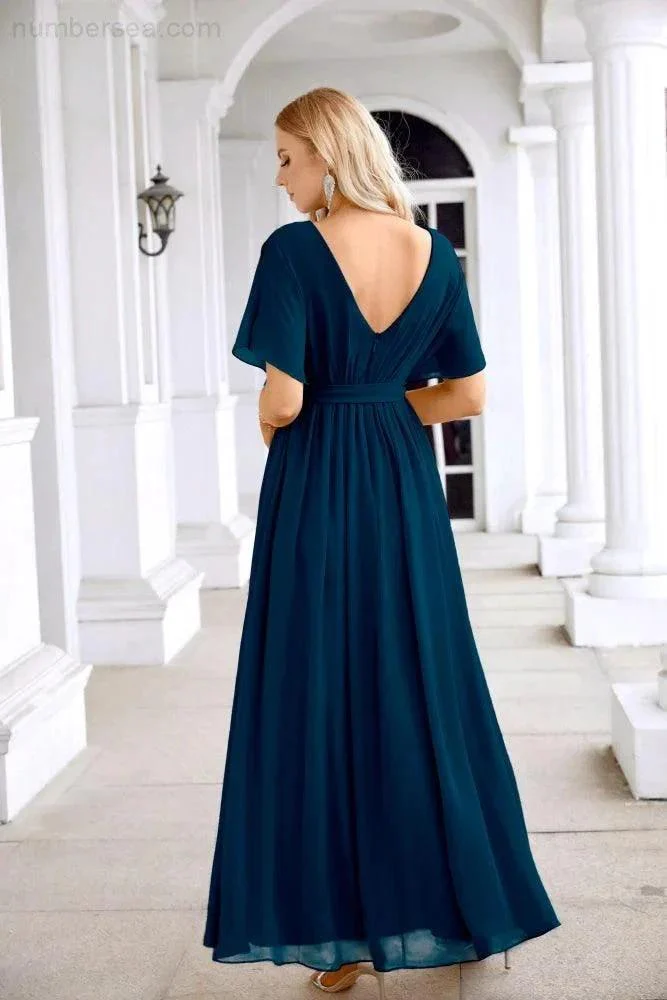 Ladies Chiffon Sleeve Crew Neck Front Slit Floor Length Bridesmaid Evening Dress Wedding Party Evening Dress 28124 - Image 82