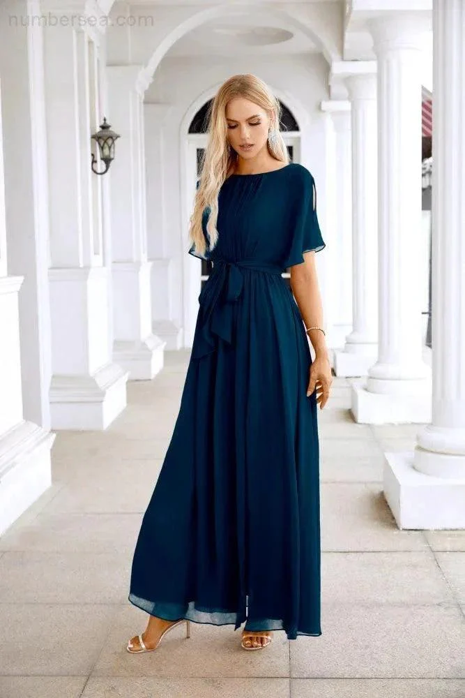 Ladies Chiffon Sleeve Crew Neck Front Slit Floor Length Bridesmaid Evening Dress Wedding Party Evening Dress 28124 - Image 83
