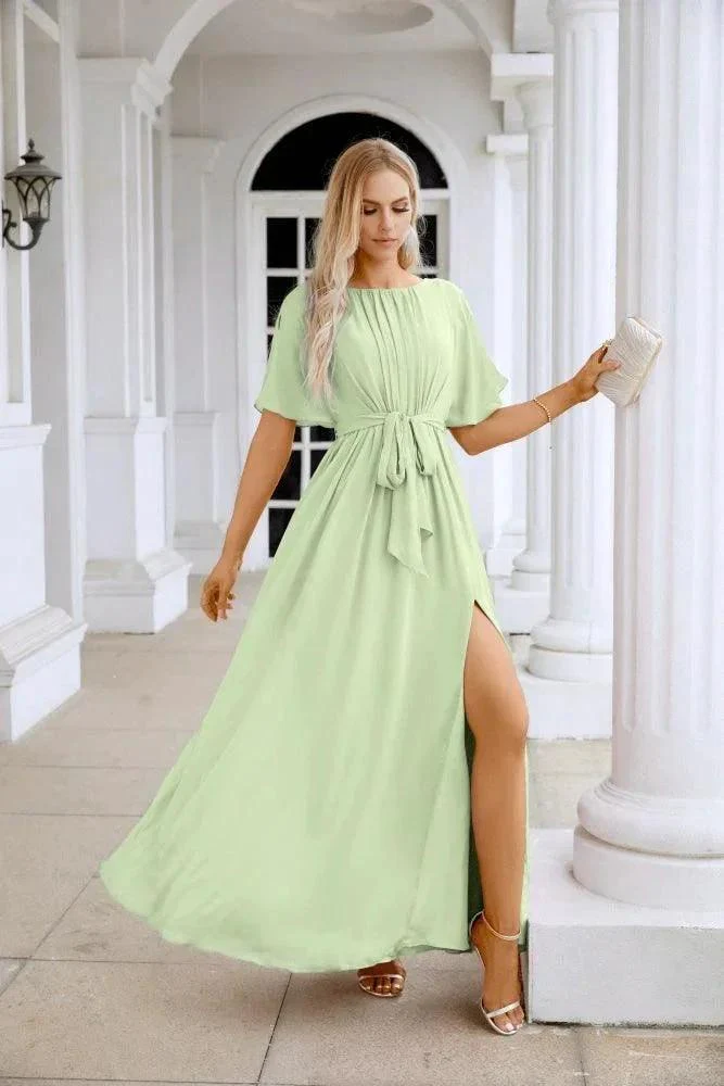 Ladies Chiffon Sleeve Crew Neck Front Slit Floor Length Bridesmaid Evening Dress Wedding Party Evening Dress 28124 - Image 85