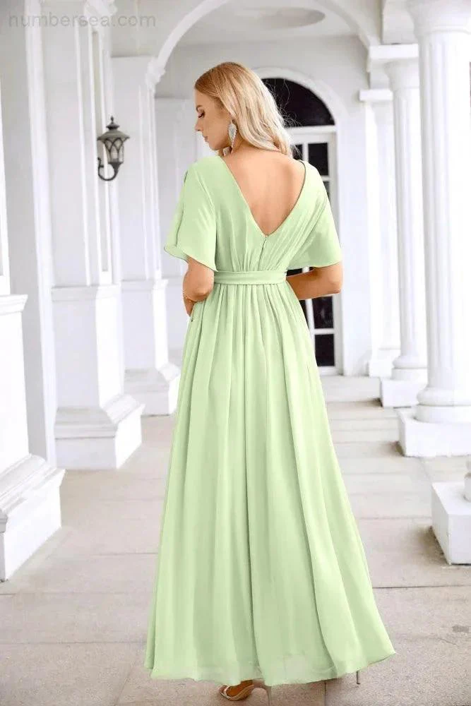 Ladies Chiffon Sleeve Crew Neck Front Slit Floor Length Bridesmaid Evening Dress Wedding Party Evening Dress 28124 - Image 86