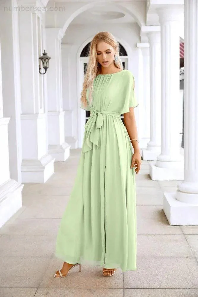 Ladies Chiffon Sleeve Crew Neck Front Slit Floor Length Bridesmaid Evening Dress Wedding Party Evening Dress 28124 - Image 87