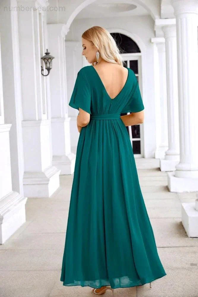 Ladies Chiffon Sleeve Crew Neck Front Slit Floor Length Bridesmaid Evening Dress Wedding Party Evening Dress 28124 - Image 90
