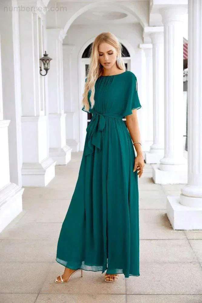 Ladies Chiffon Sleeve Crew Neck Front Slit Floor Length Bridesmaid Evening Dress Wedding Party Evening Dress 28124 - Image 91