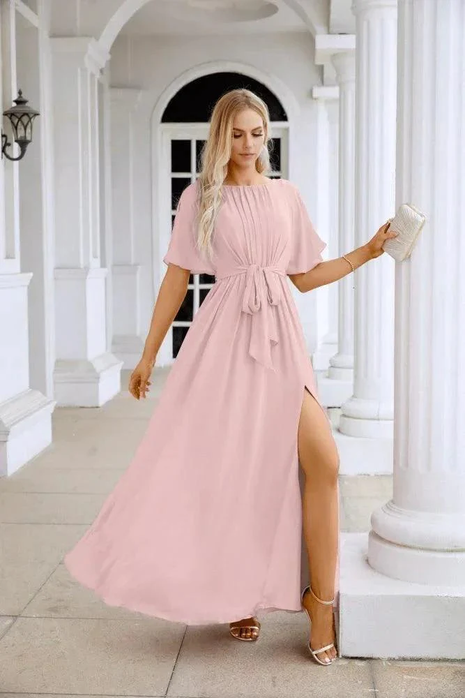 Ladies Chiffon Sleeve Crew Neck Front Slit Floor Length Bridesmaid Evening Dress Wedding Party Evening Dress 28124 - Image 93