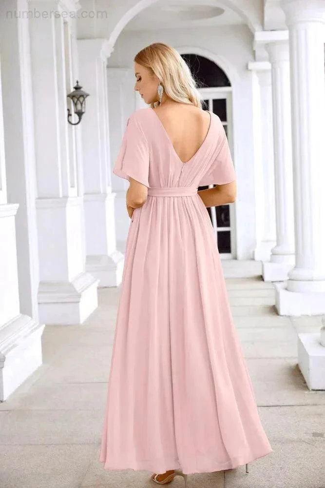 Ladies Chiffon Sleeve Crew Neck Front Slit Floor Length Bridesmaid Evening Dress Wedding Party Evening Dress 28124 - Image 94