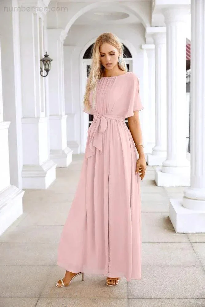 Ladies Chiffon Sleeve Crew Neck Front Slit Floor Length Bridesmaid Evening Dress Wedding Party Evening Dress 28124 - Image 95