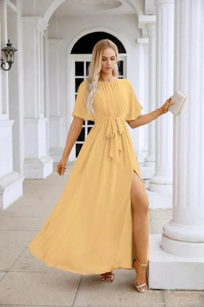 Ladies Chiffon Sleeve Crew Neck Front Slit Floor Length Bridesmaid Evening Dress Wedding Party Evening Dress 28124 - Image 97