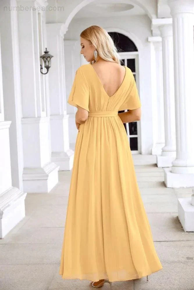 Ladies Chiffon Sleeve Crew Neck Front Slit Floor Length Bridesmaid Evening Dress Wedding Party Evening Dress 28124 - Image 98