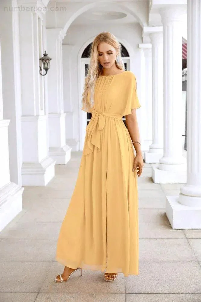 Ladies Chiffon Sleeve Crew Neck Front Slit Floor Length Bridesmaid Evening Dress Wedding Party Evening Dress 28124 - Image 99